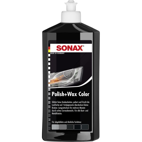 SONAX Polish+Wax Color mittelstarke Politur mit Farbpigmenten schwarz 500ml