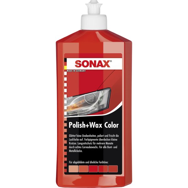 SONAX Polish+Wax Color mittelstarke Politur mit Farbpigmenten rot 500ml